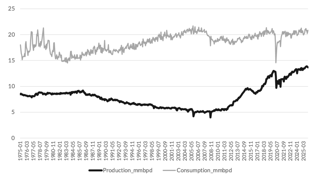 Produzione e consumo di petrolio negli Stati Uniti (gennaio 1975-gennaio 2026) 